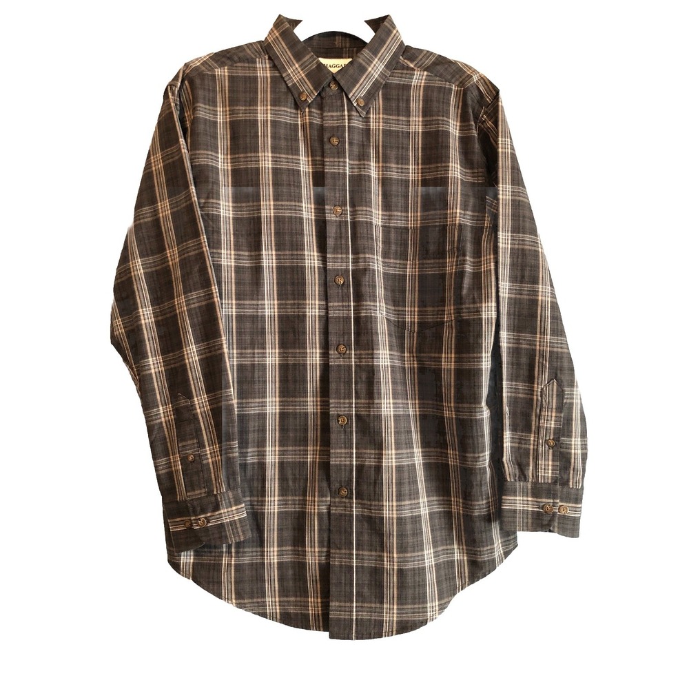 Haggar Dress Shirt Small Brown‎ Plaid Cotton Blend Point Collar Academia Preppy